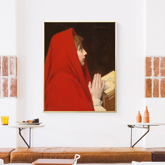 Girl in Red Robe Painting Global Inspired Textured Bedroom Wall Art Decor, Yellow