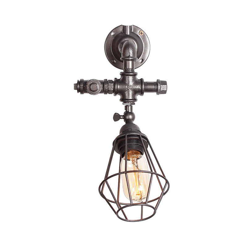 Diamond Cage Iron Wall Mount Light with Pipe Design Industrial Style 1 Bulb Bedroom Wall Lighting in Antique Brass/Silver Clearhalo 'Art deco wall lights' 'Cast Iron' 'Glass' 'Industrial wall lights' 'Industrial' 'Middle century wall lights' 'Modern' 'Rustic wall lights' 'Tiffany' 'Traditional wall lights' 'Wall Lamps & Sconces' 'Wall Lights' Lighting' 165330