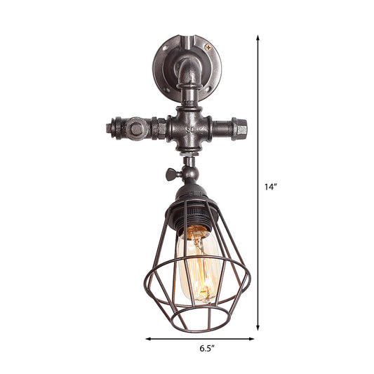 Diamond Cage Iron Wall Mount Light with Pipe Design Industrial Style 1 Bulb Bedroom Wall Lighting in Antique Brass/Silver Clearhalo 'Art deco wall lights' 'Cast Iron' 'Glass' 'Industrial wall lights' 'Industrial' 'Middle century wall lights' 'Modern' 'Rustic wall lights' 'Tiffany' 'Traditional wall lights' 'Wall Lamps & Sconces' 'Wall Lights' Lighting' 165331