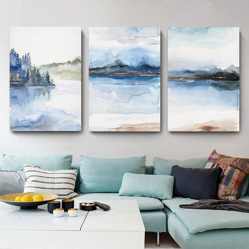 Multi-Piece River Scenery Painting Asian Canvas Made Wall Art for Family Room - Blue - Clearhalo - 'Arts' - 'Canvas Art' - 1653419