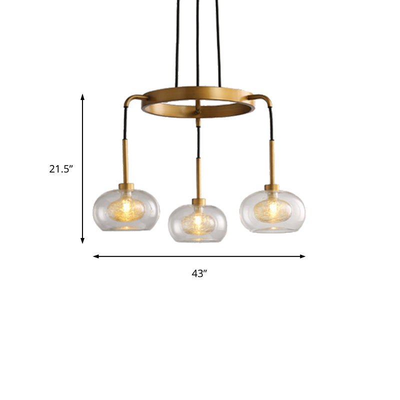 Gold Oval Chandelier Lighting Post-Modern 3 Lights Clear Glass Led Pendant Light Fixture with Ring Design Clearhalo 'Ceiling Lights' 'Chandeliers' 'Glass shade' 'Glass' 'Modern Chandeliers' 'Modern' Lighting' 165348