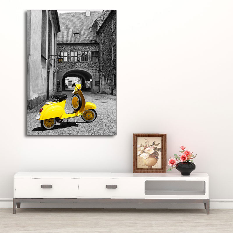 Textured Yellow Wall Decor Modernism Cute Motorbike in Aged Houses Canvas Wall Art Clearhalo 'Art Gallery' 'Canvas Art' 'Contemporary Art Gallery' 'Modern' Arts' 1653489