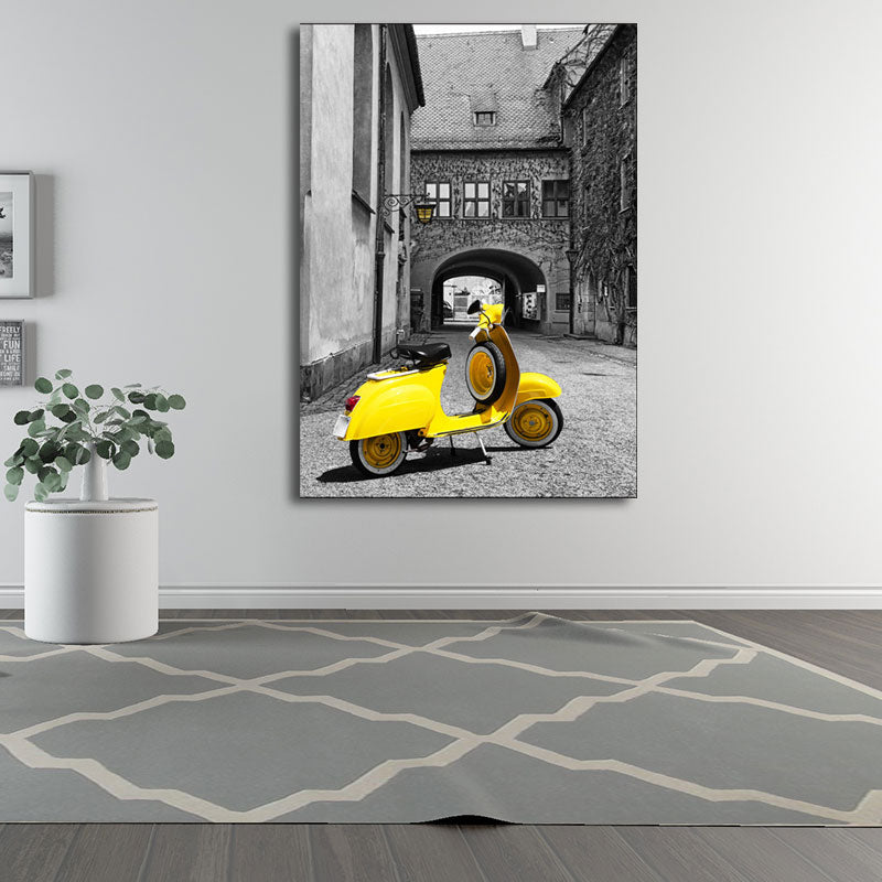 Textured Yellow Wall Decor Modernism Cute Motorbike in Aged Houses Canvas Wall Art Clearhalo 'Art Gallery' 'Canvas Art' 'Contemporary Art Gallery' 'Modern' Arts' 1653490