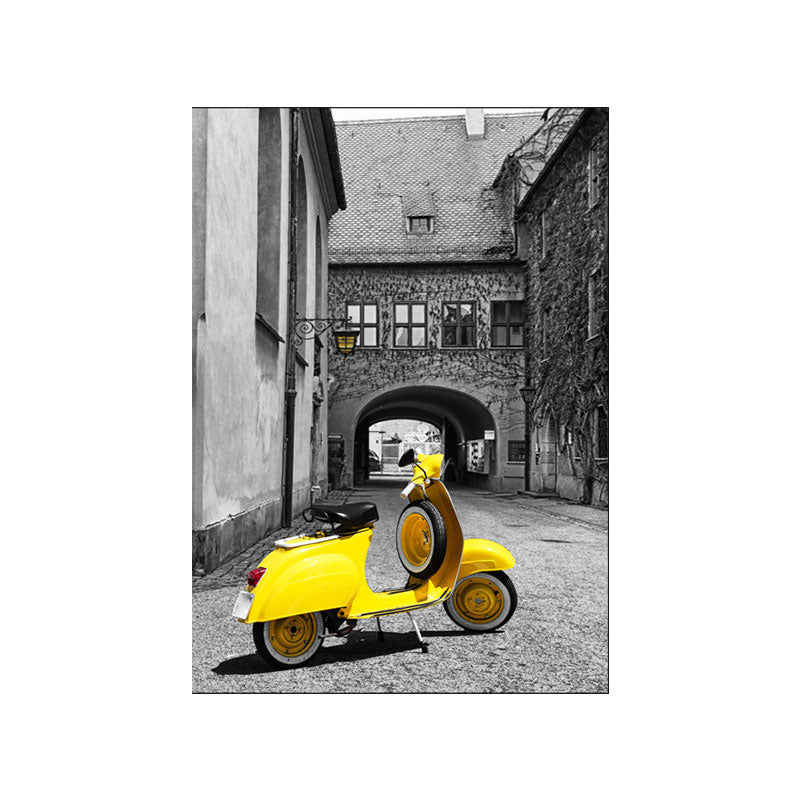 Textured Yellow Wall Decor Modernism Cute Motorbike in Aged Houses Canvas Wall Art Clearhalo 'Art Gallery' 'Canvas Art' 'Contemporary Art Gallery' 'Modern' Arts' 1653491