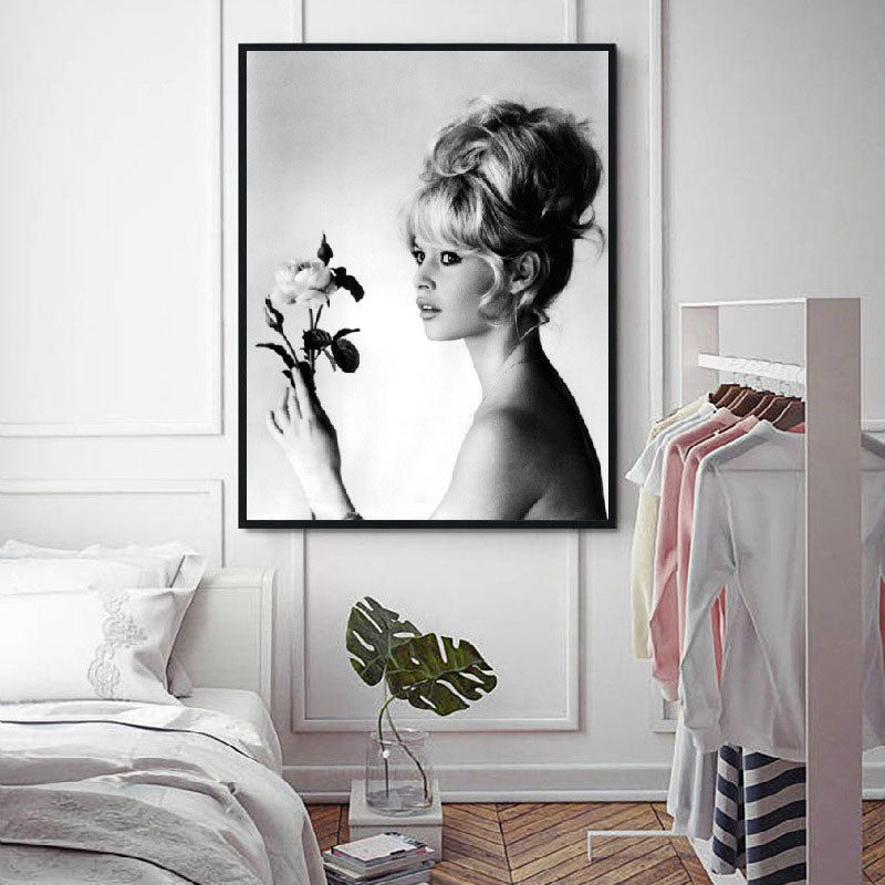 Model with Flower Wall Art Modern Beautiful Woman Photo Canvas Print in Grey for Bedroom Grey Clearhalo 'Art Gallery' 'Canvas Art' 'Contemporary Art Gallery' 'Modern' Arts' 1653793