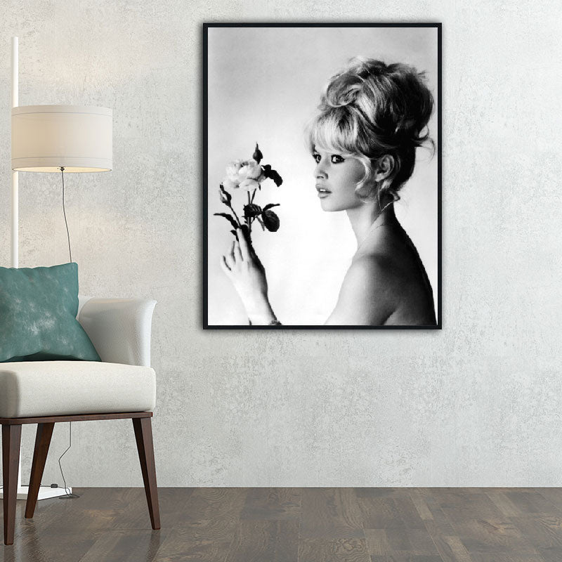 Model with Flower Wall Art Modern Beautiful Woman Photo Canvas Print in Grey for Bedroom Clearhalo 'Art Gallery' 'Canvas Art' 'Contemporary Art Gallery' 'Modern' Arts' 1653794