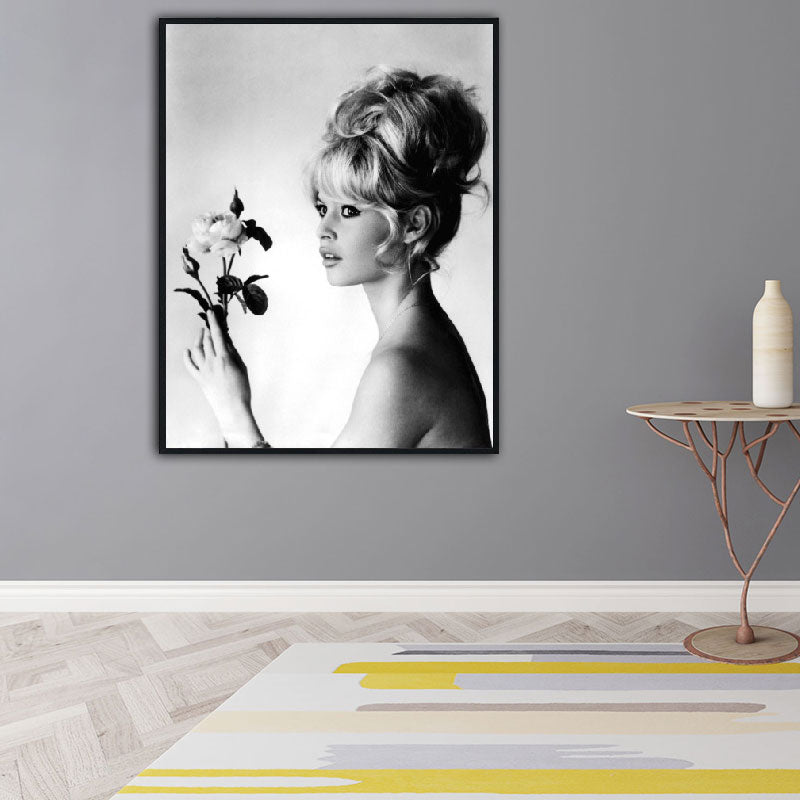 Model with Flower Wall Art Modern Beautiful Woman Photo Canvas Print in Grey for Bedroom Clearhalo 'Art Gallery' 'Canvas Art' 'Contemporary Art Gallery' 'Modern' Arts' 1653795