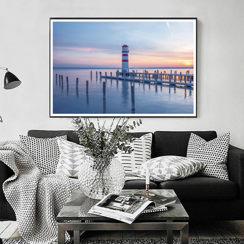 Lighthouse Sunset Seascape Canvas Art Modernism Textured Wall Decor in Blue for Home Clearhalo 'Art Gallery' 'Canvas Art' 'Contemporary Art Gallery' 'Modern' Arts' 1654055