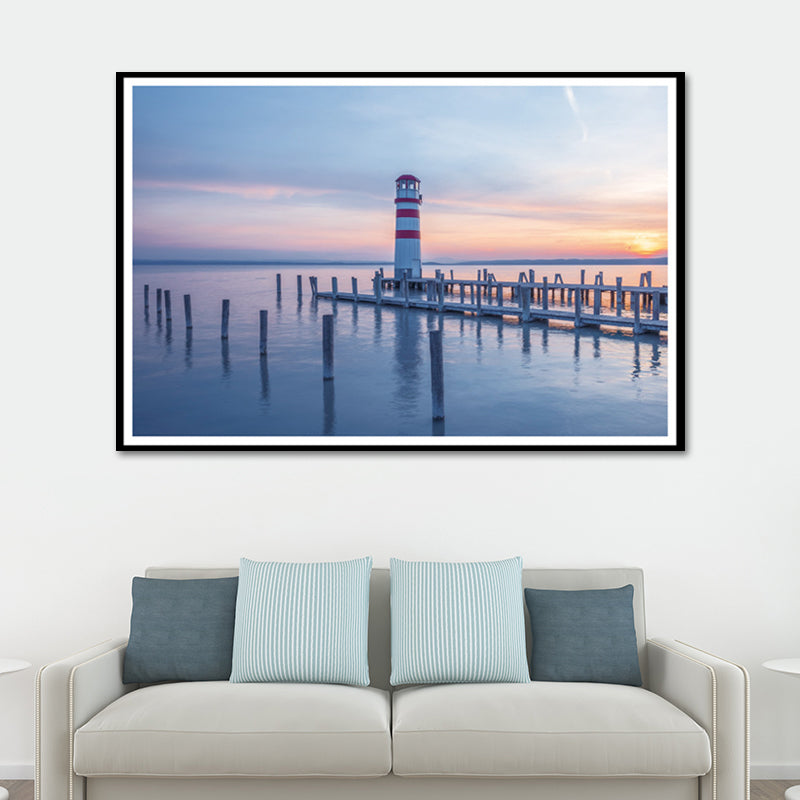 Lighthouse Sunset Seascape Canvas Art Modernism Textured Wall Decor in Blue for Home Clearhalo 'Art Gallery' 'Canvas Art' 'Contemporary Art Gallery' 'Modern' Arts' 1654056