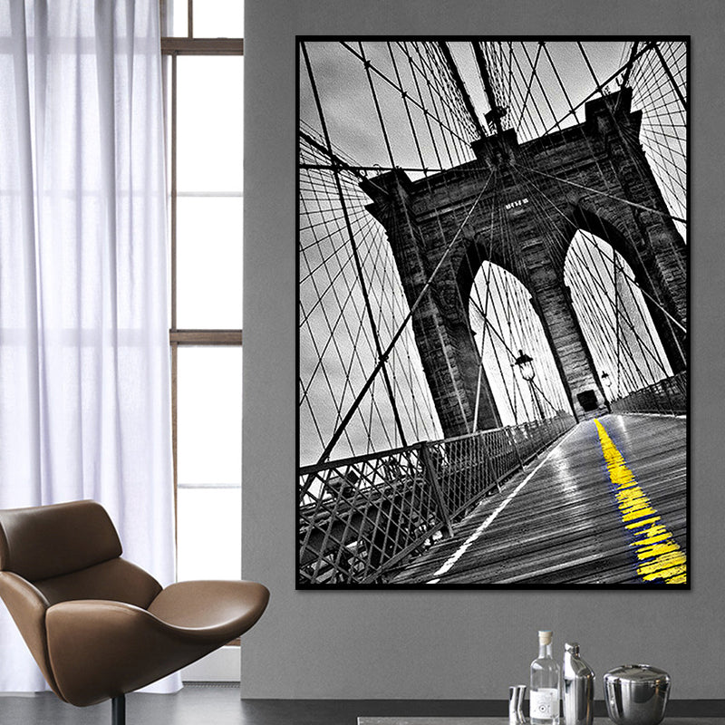 Photographic Bridge Front Canvas Wall Art for Dining Room, Grey and Yellow, Texture Grey Clearhalo 'Art Gallery' 'Canvas Art' 'Contemporary Art Gallery' 'Modern' Arts' 1654085