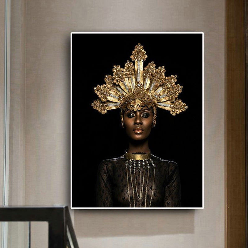 Fashion Crowned African Woman Art Print Glam Canvas Wall Decoration in Gold and Black Gold Clearhalo 'Arts' 'Canvas Art' 1654253