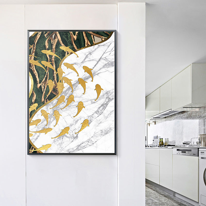 Fish Flock Wall Art Decor Textured Contemporary Kitchen Canvas Print in White and Gold White Design 1 Clearhalo 'Art Gallery' 'Canvas Art' 'Contemporary Art Gallery' 'Modern' Arts' 1654349