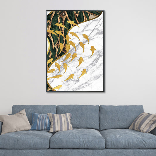 Fish Flock Wall Art Decor Textured Contemporary Kitchen Canvas Print in White and Gold Clearhalo 'Art Gallery' 'Canvas Art' 'Contemporary Art Gallery' 'Modern' Arts' 1654350