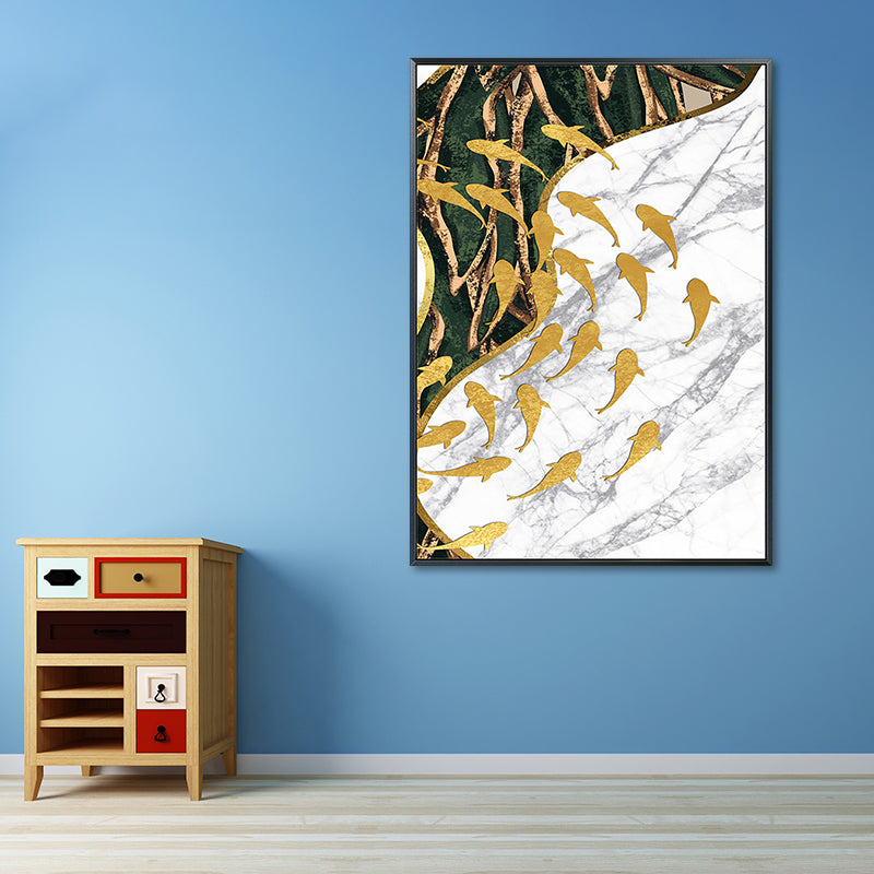 Fish Flock Wall Art Decor Textured Contemporary Kitchen Canvas Print in White and Gold Clearhalo 'Art Gallery' 'Canvas Art' 'Contemporary Art Gallery' 'Modern' Arts' 1654351