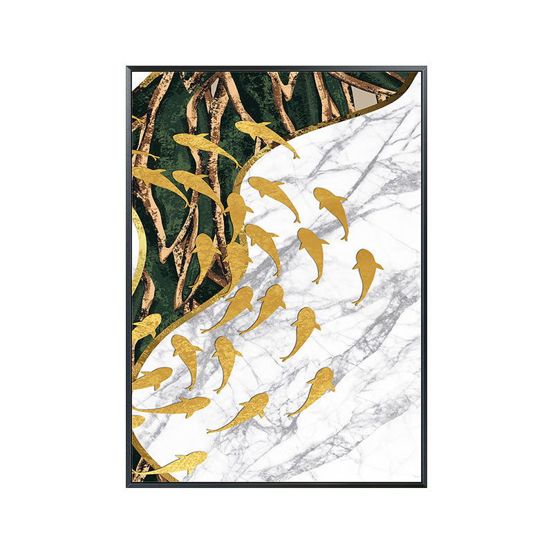 Fish Flock Wall Art Decor Textured Contemporary Kitchen Canvas Print in White and Gold Clearhalo 'Art Gallery' 'Canvas Art' 'Contemporary Art Gallery' 'Modern' Arts' 1654352