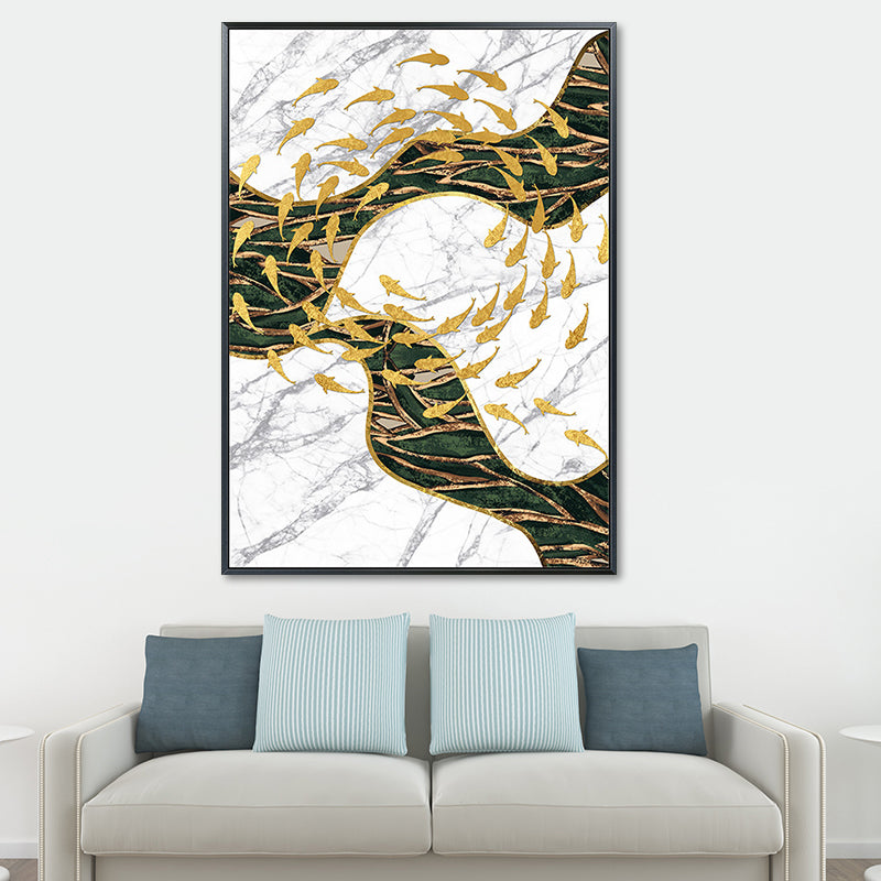 Fish Flock Wall Art Decor Textured Contemporary Kitchen Canvas Print in White and Gold White Design 3 Clearhalo 'Art Gallery' 'Canvas Art' 'Contemporary Art Gallery' 'Modern' Arts' 1654363