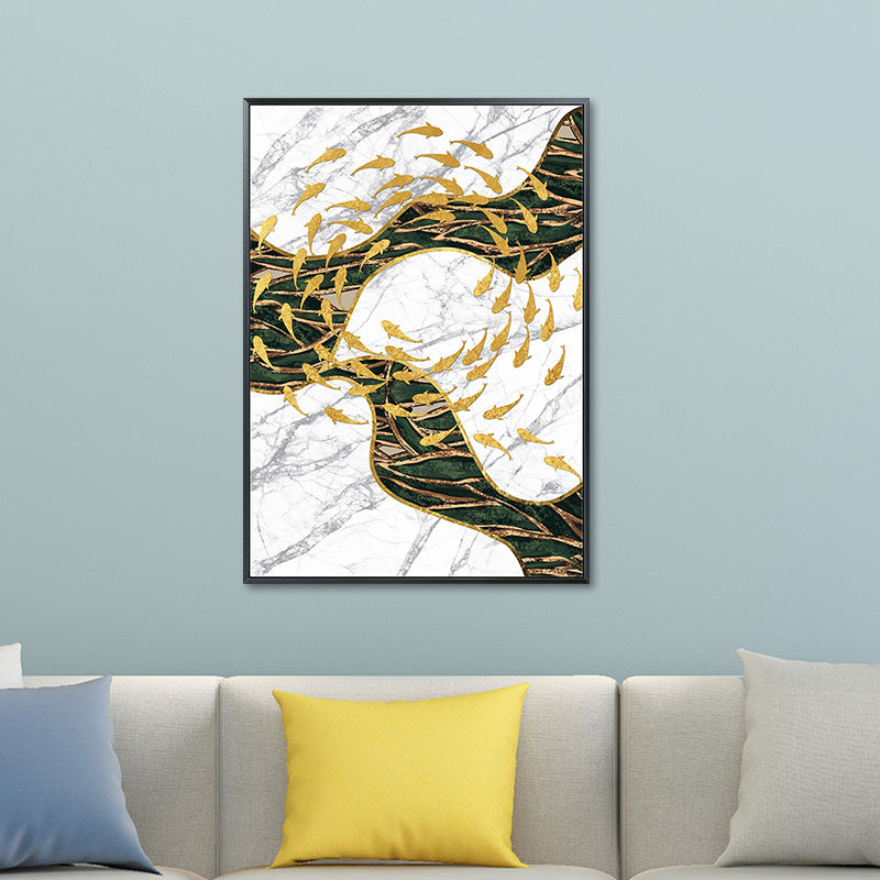 Fish Flock Wall Art Decor Textured Contemporary Kitchen Canvas Print in White and Gold Clearhalo 'Art Gallery' 'Canvas Art' 'Contemporary Art Gallery' 'Modern' Arts' 1654364