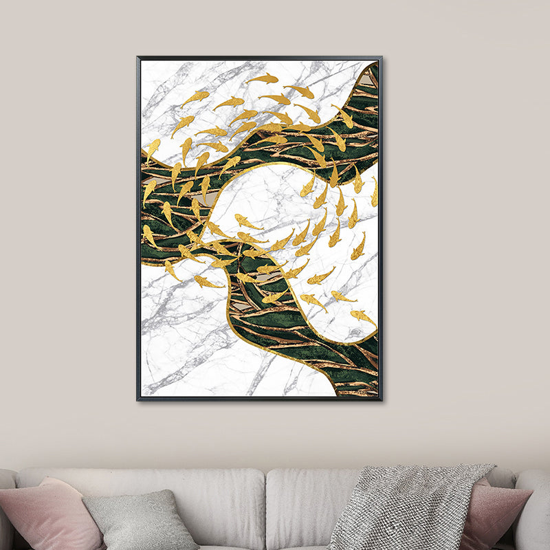 Fish Flock Wall Art Decor Textured Contemporary Kitchen Canvas Print in White and Gold Clearhalo 'Art Gallery' 'Canvas Art' 'Contemporary Art Gallery' 'Modern' Arts' 1654365