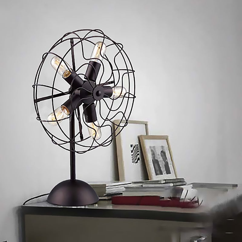 5 Bulbs Fan Design Table Lamp with Cage Shade Farmhouse Style Black Finish Metallic Table Light for Bedroom Black Clearhalo 'Lamps' 'Table Lamps' Lighting' 165453