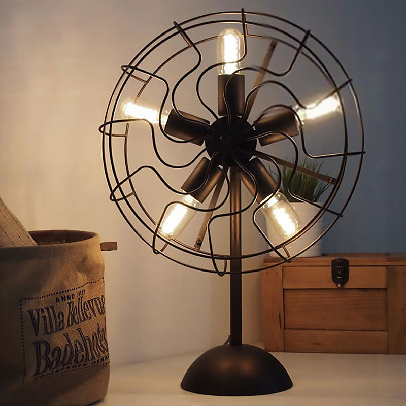 5 Bulbs Fan Design Table Lamp with Cage Shade Farmhouse Style Black Finish Metallic Table Light for Bedroom Clearhalo 'Lamps' 'Table Lamps' Lighting' 165454