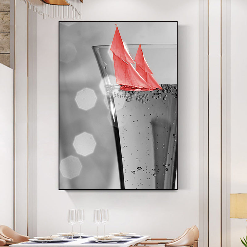 Mixed Media Wine Glass Art Print for Dining Room, Red and Grey, Textured Surface Red Design 1 Clearhalo 'Art Gallery' 'Canvas Art' 'Contemporary Art Gallery' 'Modern' Arts' 1654633