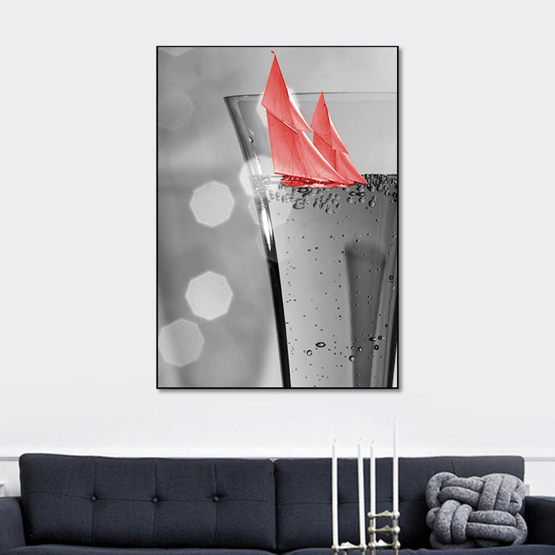 Mixed Media Wine Glass Art Print for Dining Room, Red and Grey, Textured Surface Clearhalo 'Art Gallery' 'Canvas Art' 'Contemporary Art Gallery' 'Modern' Arts' 1654634