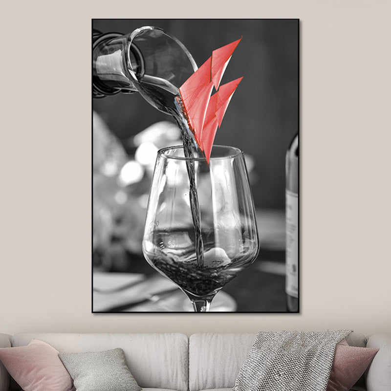 Mixed Media Wine Glass Art Print for Dining Room, Red and Grey, Textured Surface Red Design 2 Clearhalo 'Art Gallery' 'Canvas Art' 'Contemporary Art Gallery' 'Modern' Arts' 1654640