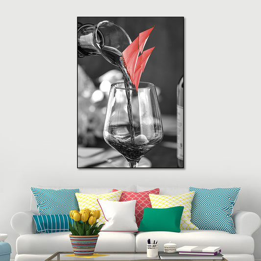 Mixed Media Wine Glass Art Print for Dining Room, Red and Grey, Textured Surface Clearhalo 'Art Gallery' 'Canvas Art' 'Contemporary Art Gallery' 'Modern' Arts' 1654641
