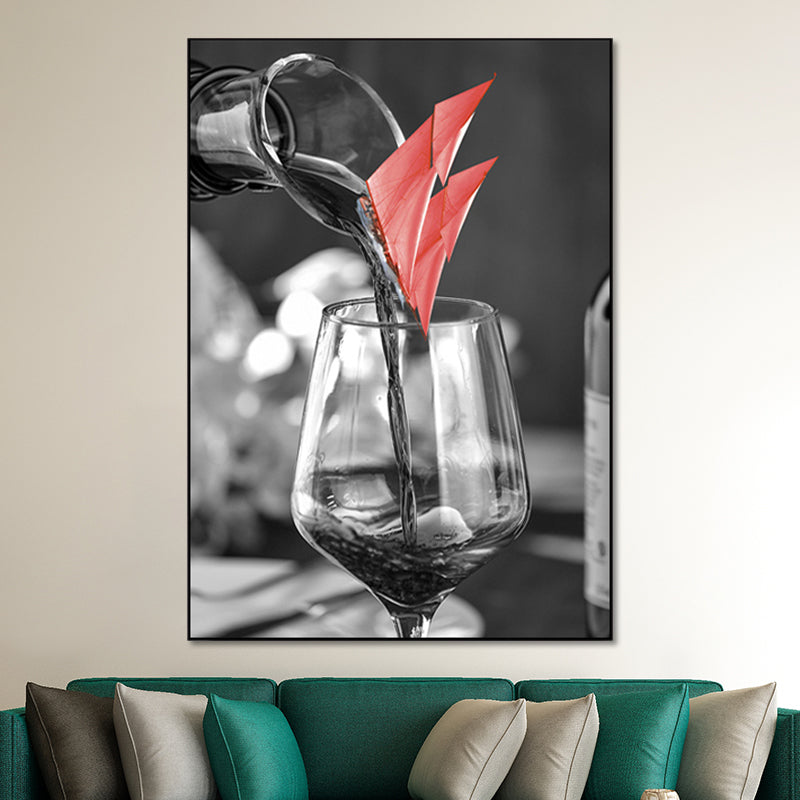 Mixed Media Wine Glass Art Print for Dining Room, Red and Grey, Textured Surface Clearhalo 'Art Gallery' 'Canvas Art' 'Contemporary Art Gallery' 'Modern' Arts' 1654642