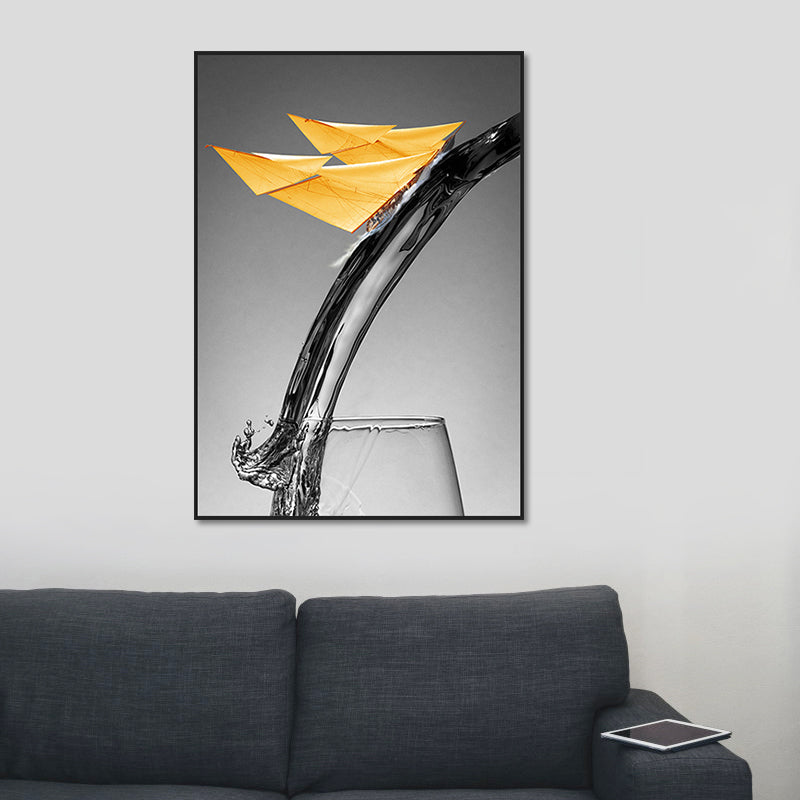 Canvas Textured Wall Decor Modern Novelty Boat Flowing into Wine Glass Art Print in Yellow Clearhalo 'Art Gallery' 'Canvas Art' 'Contemporary Art Gallery' 'Modern' Arts' 1654653