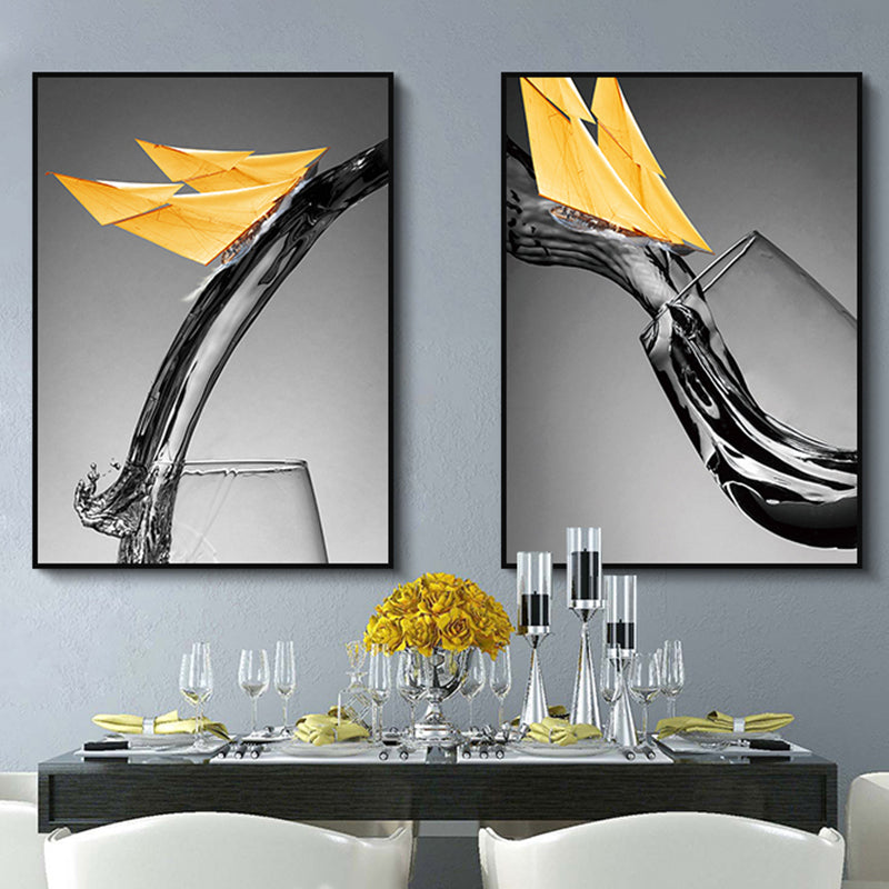 Canvas Textured Wall Decor Modern Novelty Boat Flowing into Wine Glass Art Print in Yellow Yellow Design 2 Clearhalo 'Art Gallery' 'Canvas Art' 'Contemporary Art Gallery' 'Modern' Arts' 1654658