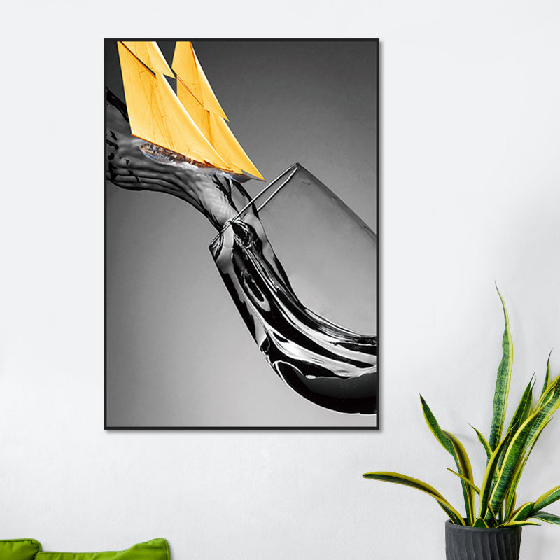 Canvas Textured Wall Decor Modern Novelty Boat Flowing into Wine Glass Art Print in Yellow Clearhalo 'Art Gallery' 'Canvas Art' 'Contemporary Art Gallery' 'Modern' Arts' 1654660