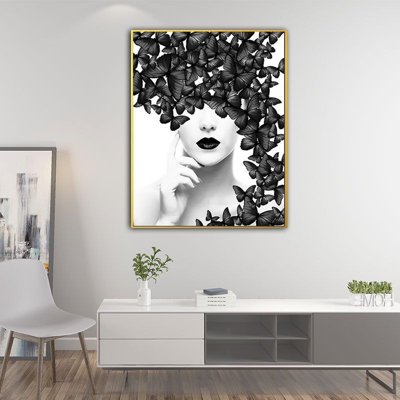 Woman Face and Butterflies Canvas Print Glam Textured House Interior Wall Art Decor Black Clearhalo 'Arts' 'Canvas Art' 1654864