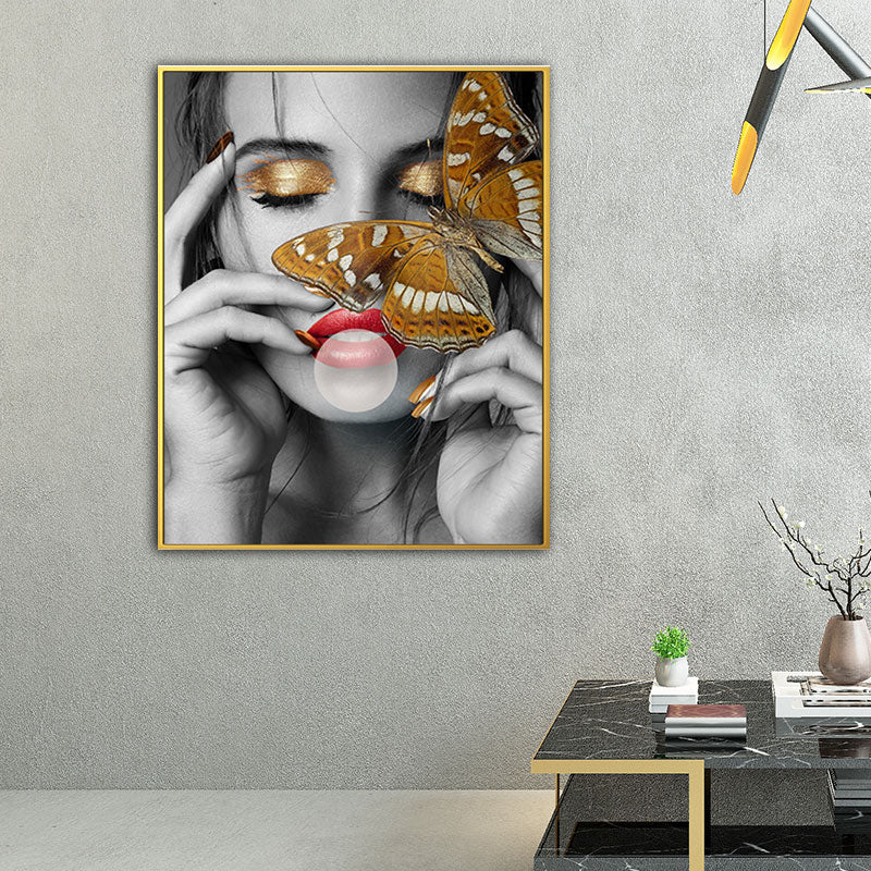 Woman Face and Butterflies Canvas Print Glam Textured House Interior Wall Art Decor Red Clearhalo 'Arts' 'Canvas Art' 1654871