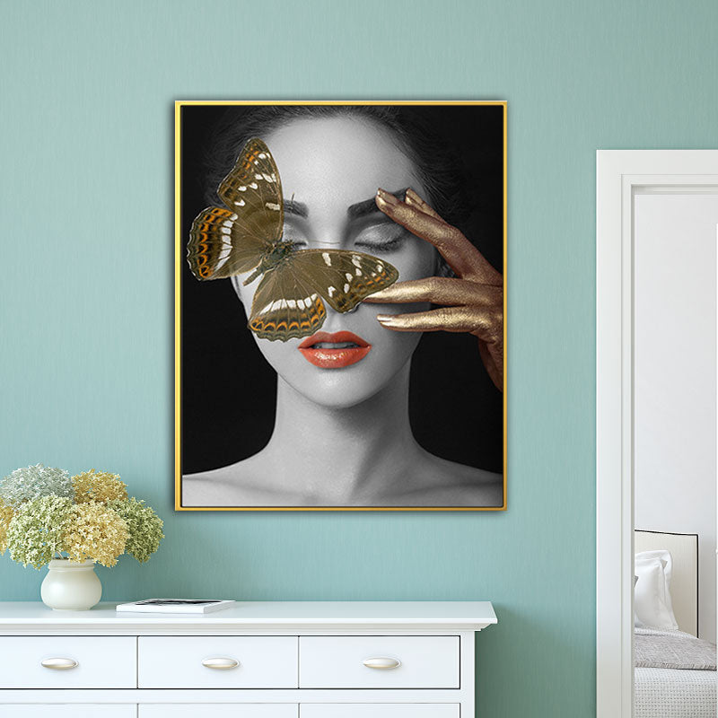 Woman Face and Butterflies Canvas Print Glam Textured House Interior Wall Art Decor Gold Clearhalo 'Arts' 'Canvas Art' 1654879