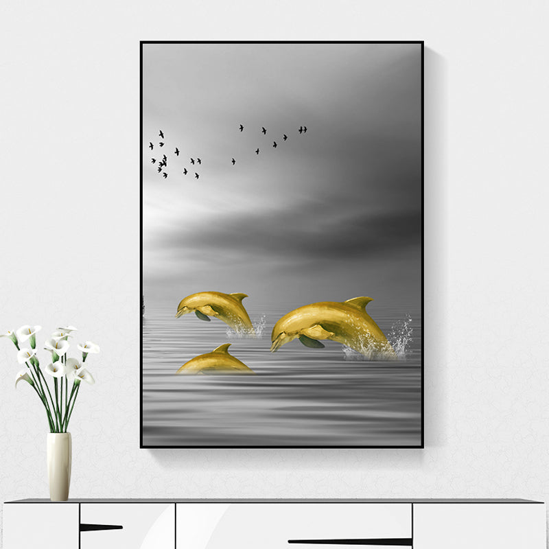 Glam Wall Art Gold Dolphin Jumping out of Sea Water Wrapped Canvas for Home Gold Clearhalo 'Arts' 'Canvas Art' 1654927