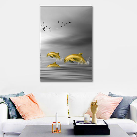 Glam Wall Art Gold Dolphin Jumping out of Sea Water Wrapped Canvas for Home Clearhalo 'Arts' 'Canvas Art' 1654928