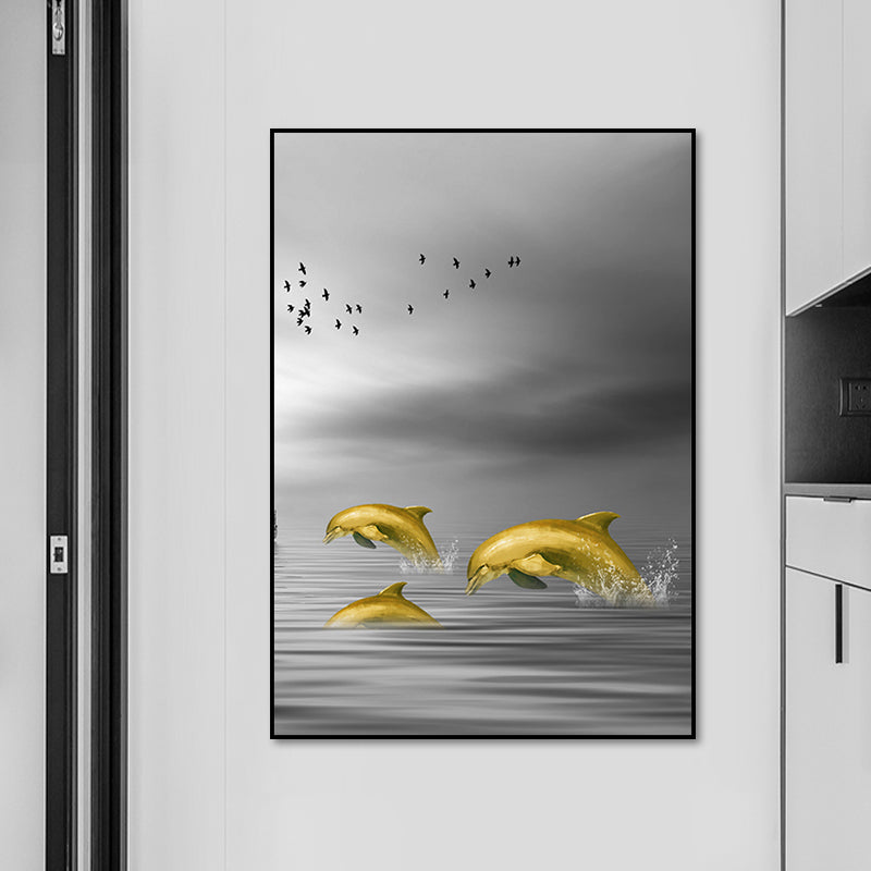 Glam Wall Art Gold Dolphin Jumping out of Sea Water Wrapped Canvas for Home Clearhalo 'Arts' 'Canvas Art' 1654929