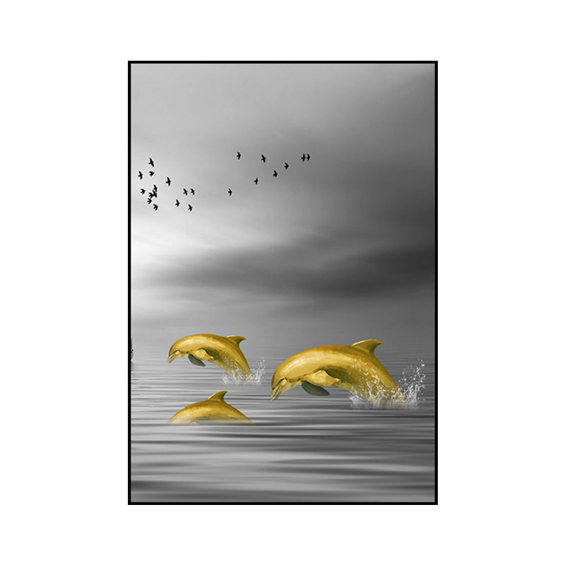 Glam Wall Art Gold Dolphin Jumping out of Sea Water Wrapped Canvas for Home Clearhalo 'Arts' 'Canvas Art' 1654930