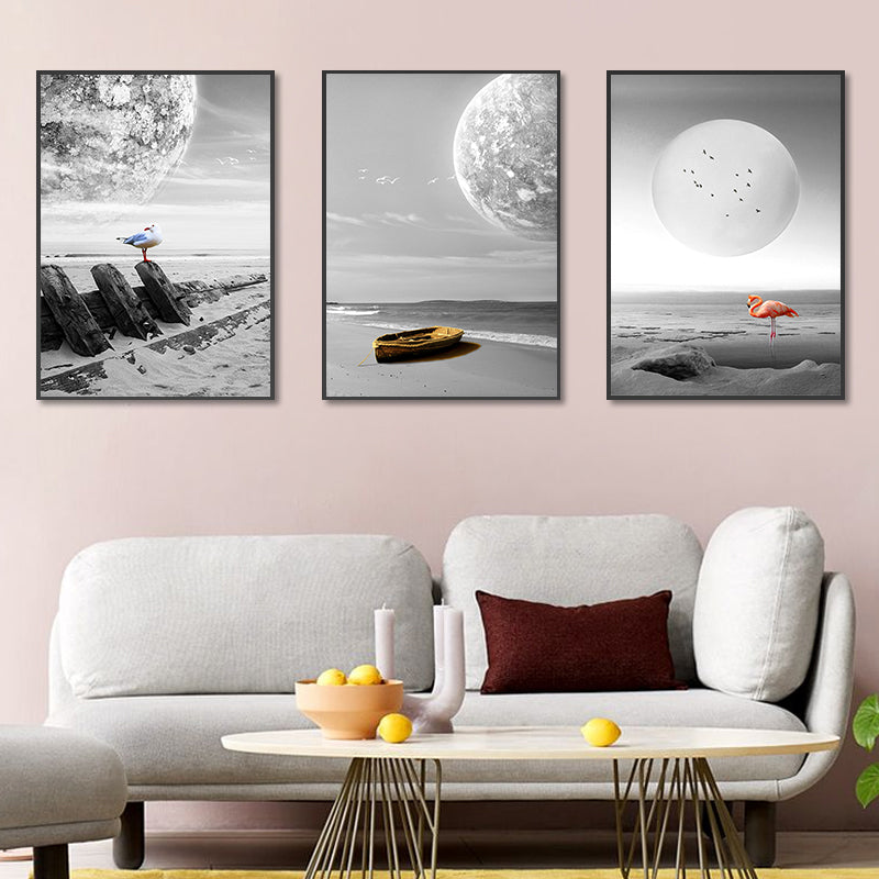 Seascape Wall Art Set Modern Sci-Fi Beach and Floating Planet Wrapped Canvas in Grey Clearhalo 'Art Gallery' 'Canvas Art' 'Contemporary Art Gallery' 'Modern' Arts' 1654971