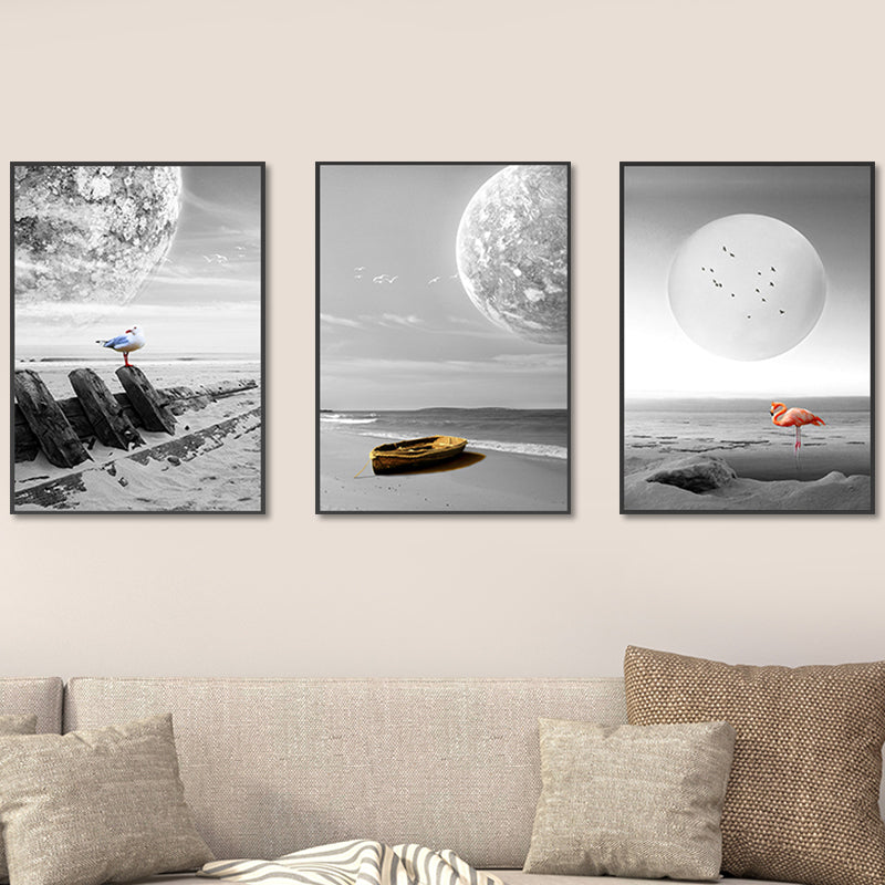 Seascape Wall Art Set Modern Sci-Fi Beach and Floating Planet Wrapped Canvas in Grey Clearhalo 'Art Gallery' 'Canvas Art' 'Contemporary Art Gallery' 'Modern' Arts' 1654972