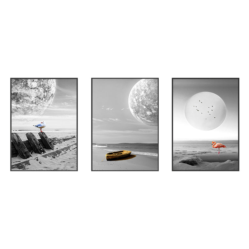 Seascape Wall Art Set Modern Sci-Fi Beach and Floating Planet Wrapped Canvas in Grey Clearhalo 'Art Gallery' 'Canvas Art' 'Contemporary Art Gallery' 'Modern' Arts' 1654973