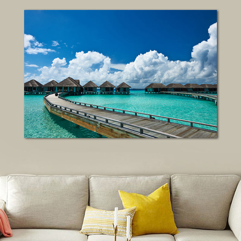 Pastel Color Modern Wall Art Wooden Bridge in Sea Scenery Canvas Print for Home Green Clearhalo 'Art Gallery' 'Canvas Art' 'Contemporary Art Gallery' 'Modern' Arts' 1655269