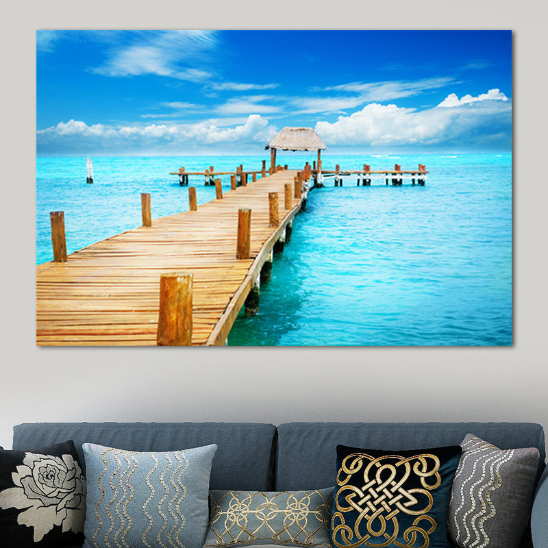 Pastel Color Modern Wall Art Wooden Bridge in Sea Scenery Canvas Print for Home Blue Clearhalo 'Art Gallery' 'Canvas Art' 'Contemporary Art Gallery' 'Modern' Arts' 1655277