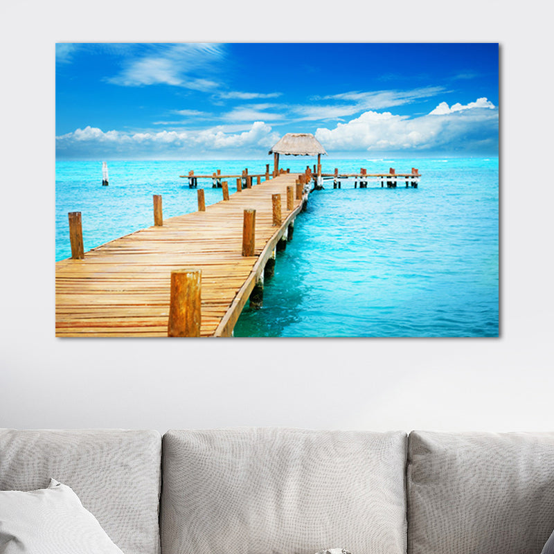 Pastel Color Modern Wall Art Wooden Bridge in Sea Scenery Canvas Print for Home Clearhalo 'Art Gallery' 'Canvas Art' 'Contemporary Art Gallery' 'Modern' Arts' 1655279