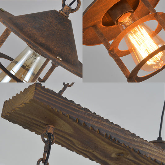 Caged Restaurant Pendant Light Fixture Rustic Metal 3 Lights Rust Hanging Lamp Kit with Wooden Beam Clearhalo 'Ceiling Lights' 'Island Lights' Lighting' 165557