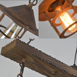 Caged Restaurant Pendant Light Fixture Rustic Metal 3 Lights Rust Hanging Lamp Kit with Wooden Beam Clearhalo 'Ceiling Lights' 'Island Lights' Lighting' 165557