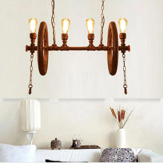 4 Bulbs Island Lighting Vintage Style Wheel Shaped Metal Pendant Light with Bare Bulb in Rust Finish Rust Clearhalo 'Ceiling Lights' 'Island Lights' Lighting' 165564