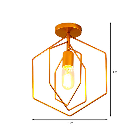 Metal Hexagon Semi Flush Light Retro Loft 1 Light Living Room Semi Flush Pendant Light in Gold Clearhalo 'Ceiling Lights' 'Close To Ceiling Lights' 'Close to ceiling' 'Flush mount' 'Industrial Flush Mount' Lighting' 165579