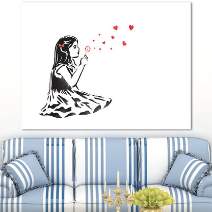 Little Girl Playing Dandelion Canvas in Red Modern Style Wall Art for Bedroom Black Clearhalo 'Art Gallery' 'Canvas Art' 'Contemporary Art Gallery' 'Modern' Arts' 1655881